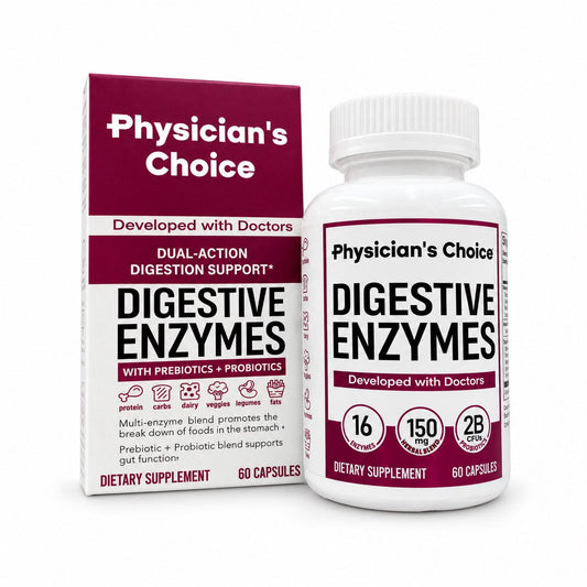 Enzimas Digestivas Physician's Choice, caja y frasco de 60 cápsulas